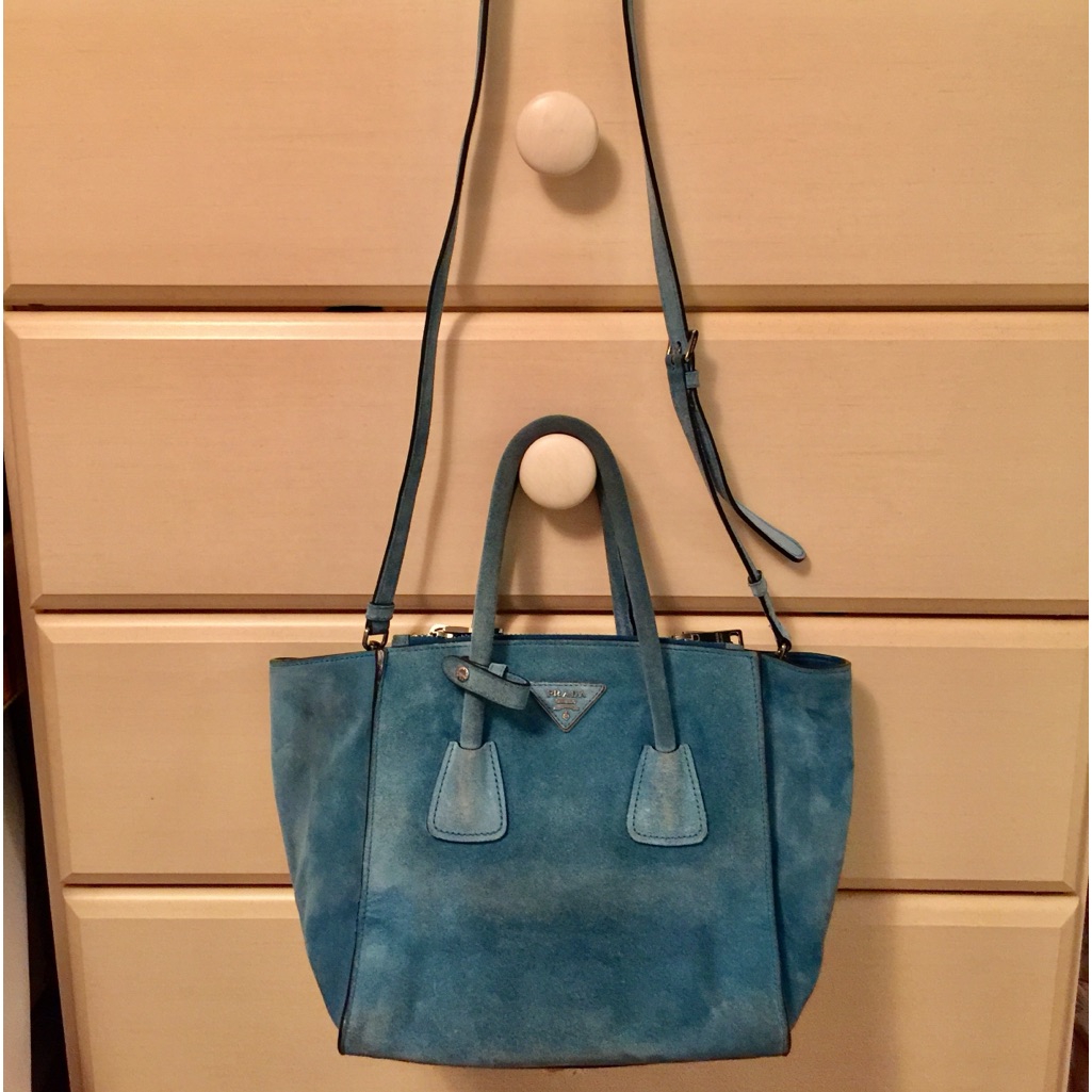 Prada Logos 2way Blue Suede Hand Bag